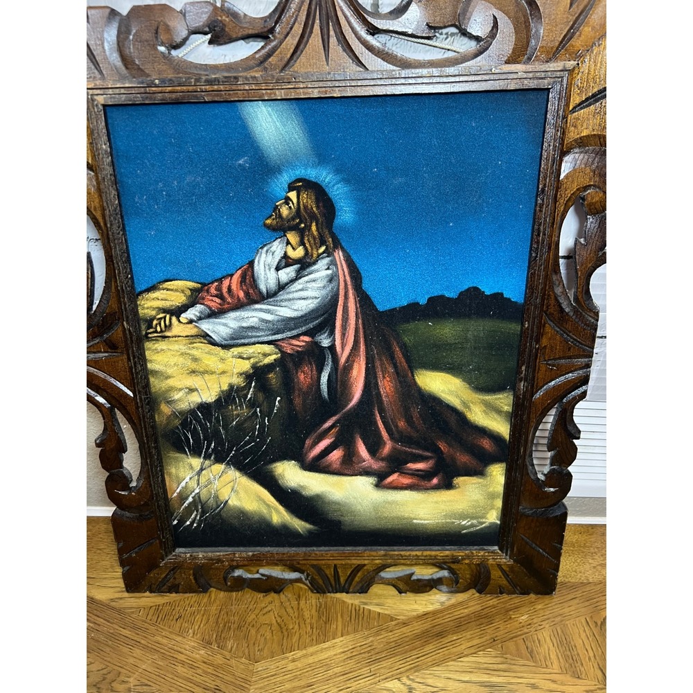 1960s Jesus Praying Black Velvet Painting Ornate Hand Carved Wood Frame 28x21